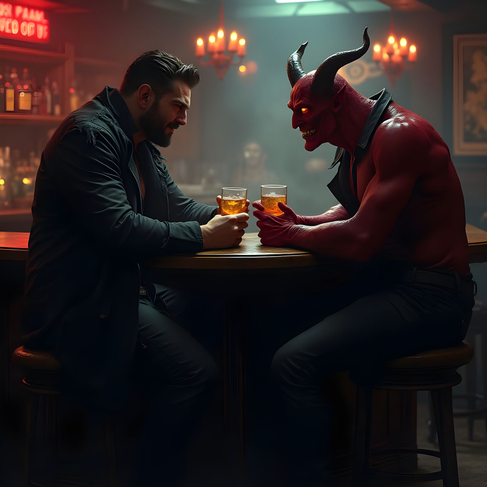 Tech Noir Assassins Share a Toast in Smoky Bar