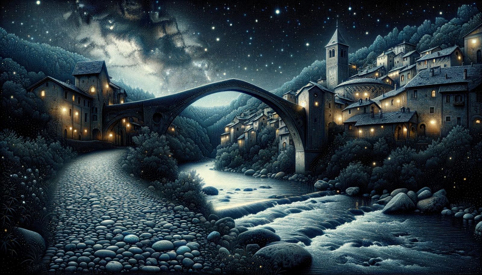 Renaissance Village and Cobblestone Bridge at Night