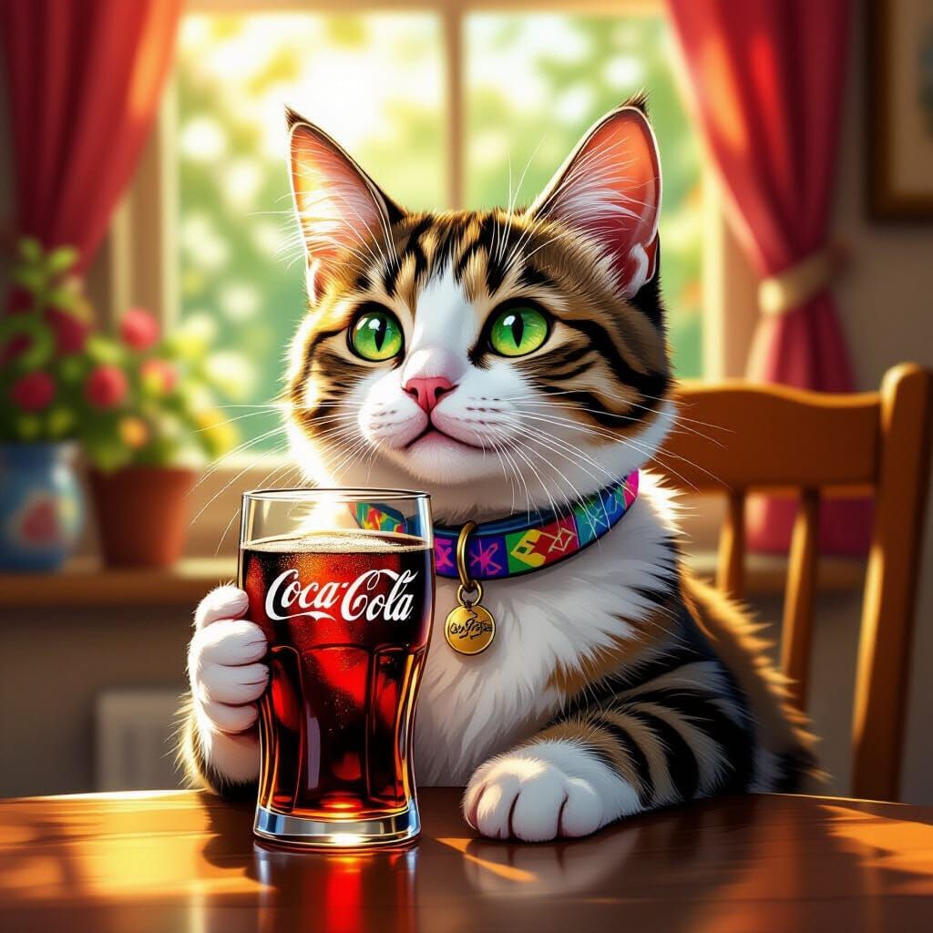 Cat Drinks Coca Cola in Vibrant Digital Art Style