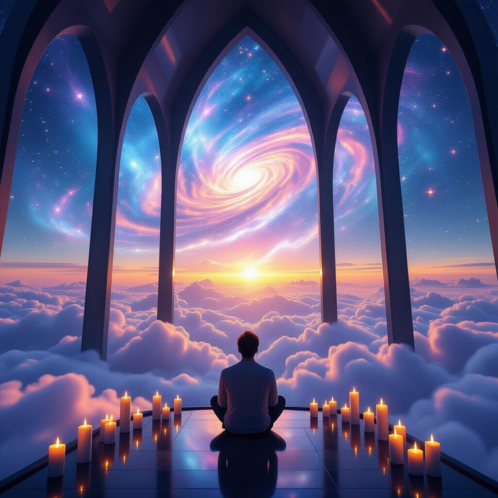 Man Dissolving into Light in Celestial Cathedral