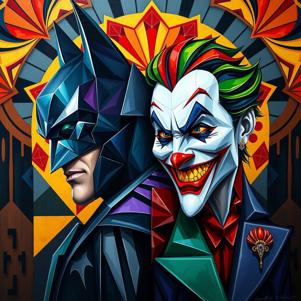 Batman and Joker in Dynamic Neo-Cubist Fusion