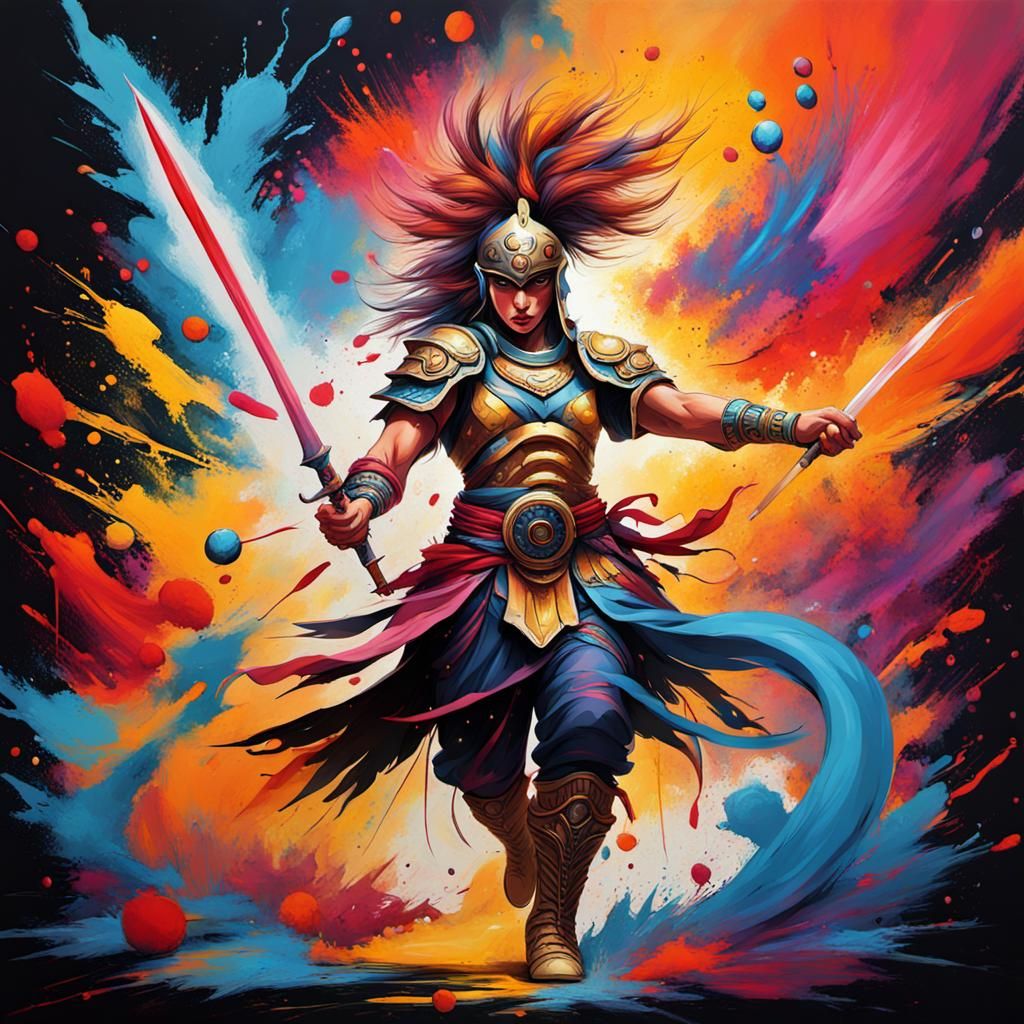 Mystical Warrior in Vibrant Pop Action Painting