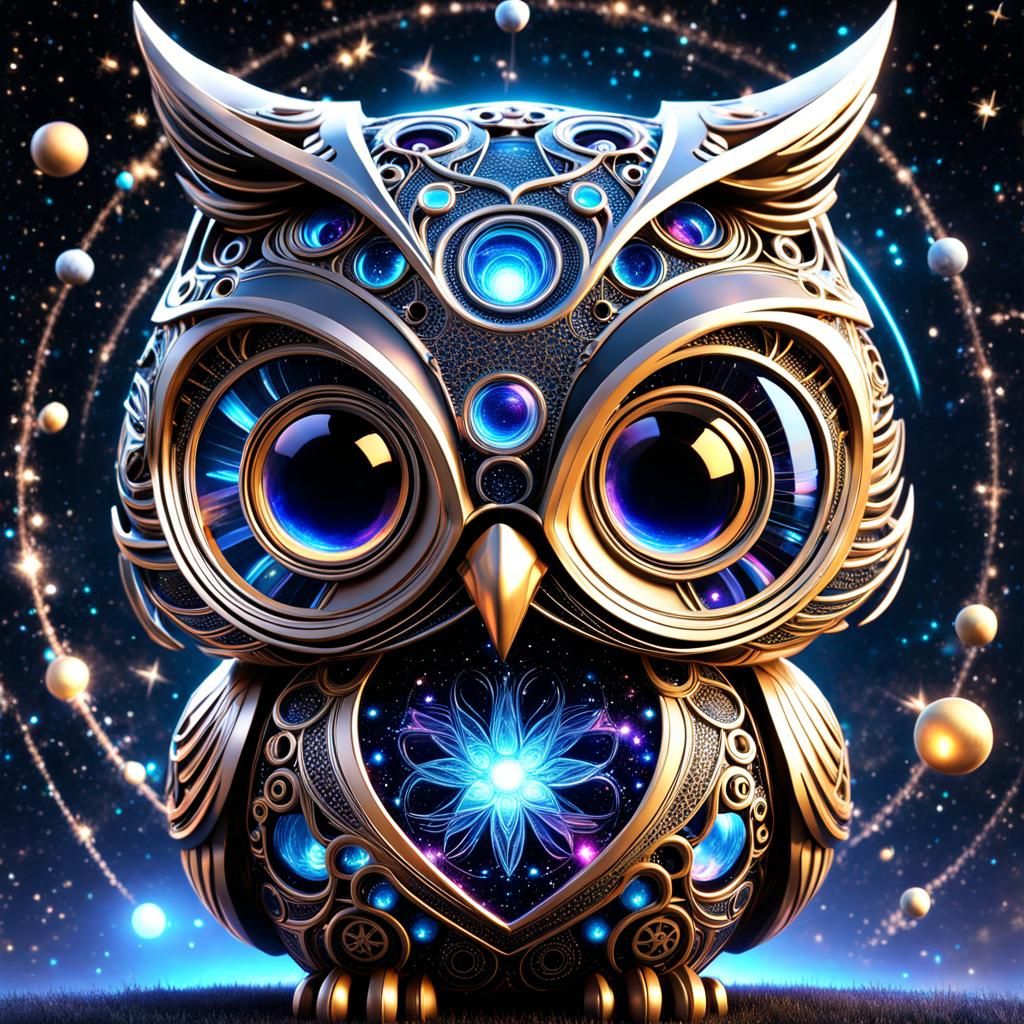 Cute Chibi Robot Owl in Starry Night Sky