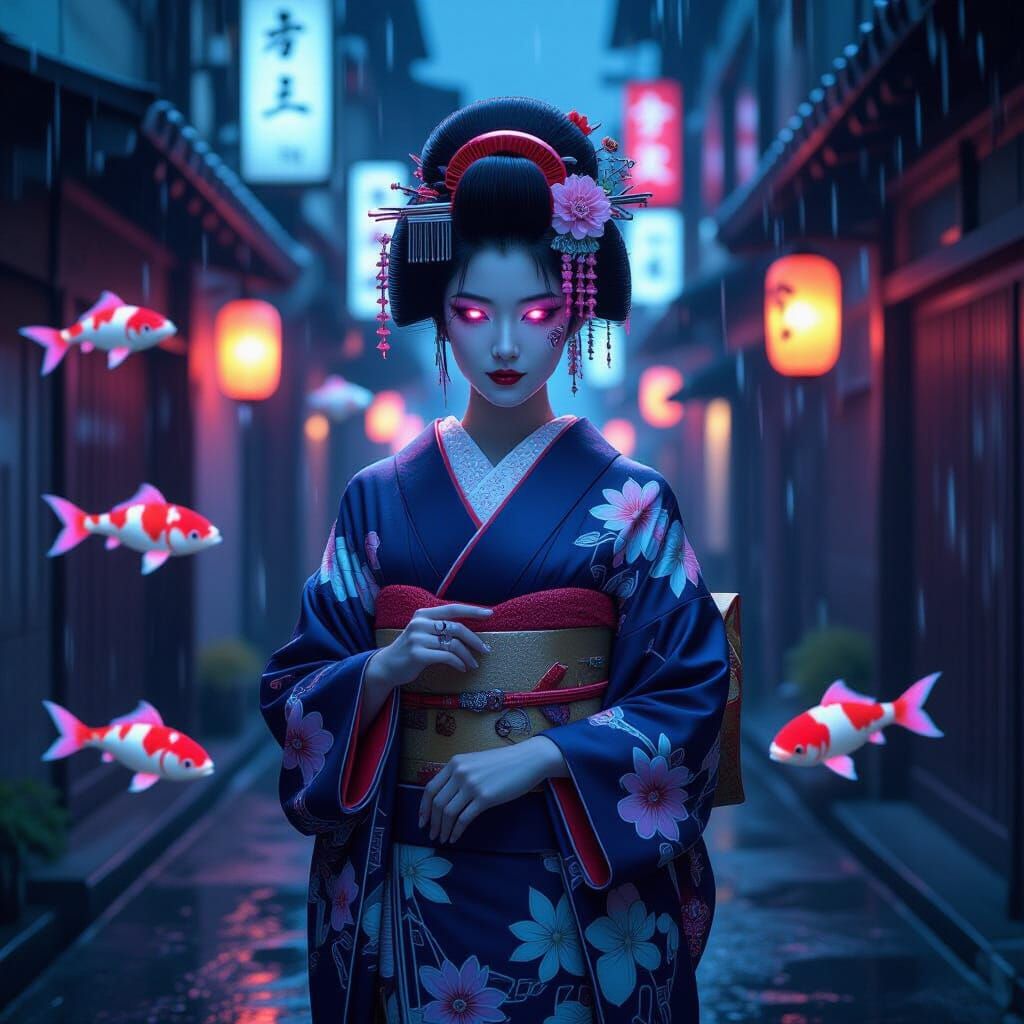 Cyberpunk Geisha in Neon Tokyo Alleyway