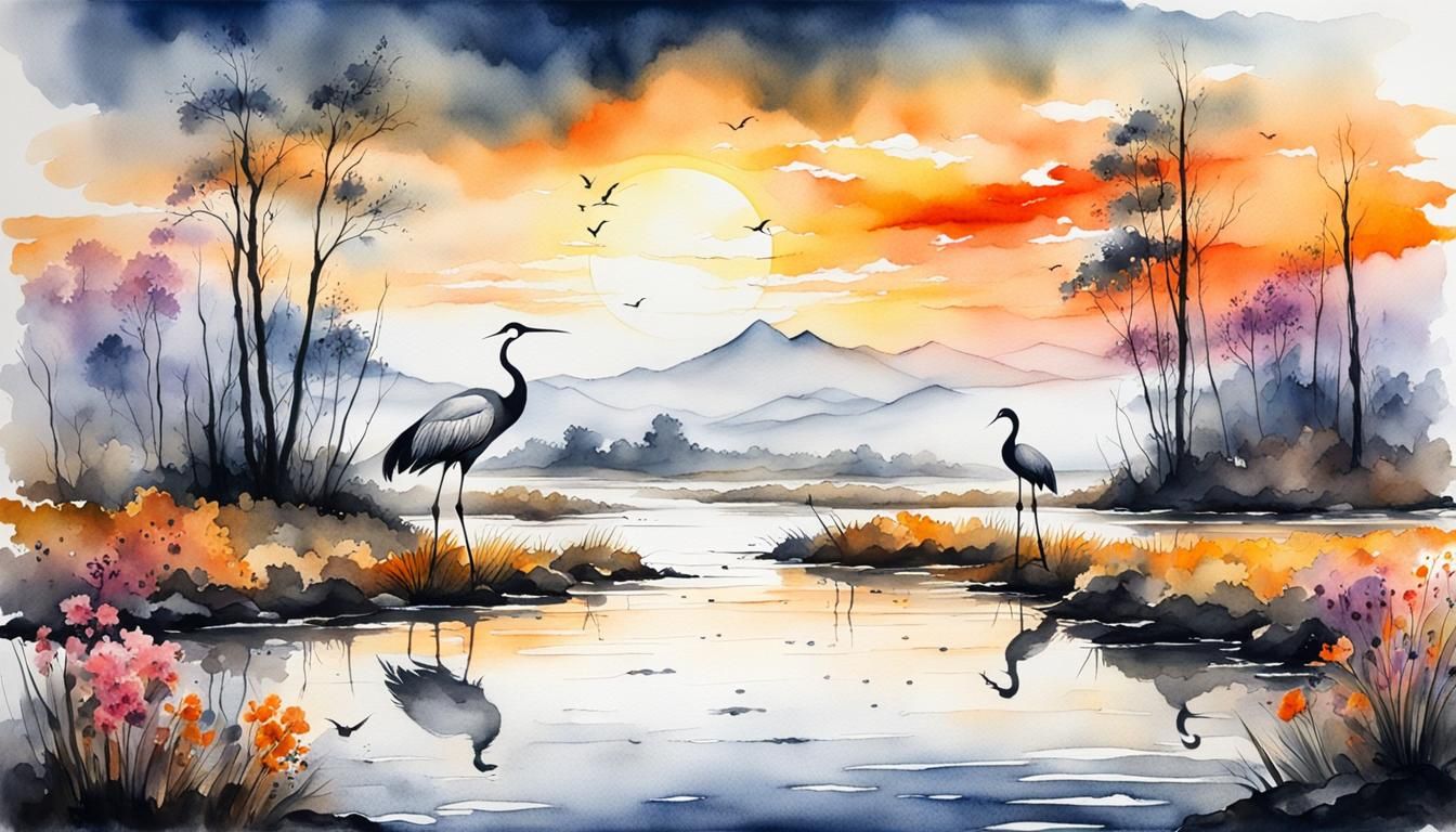 Cranes in Creek at Sunrise: Ink and Watercolor