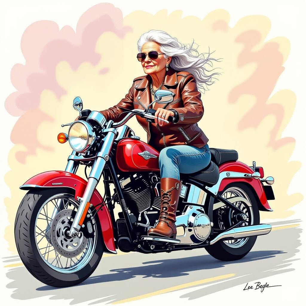 Elderly Woman on Motorcycle in Pastel Sketch Style