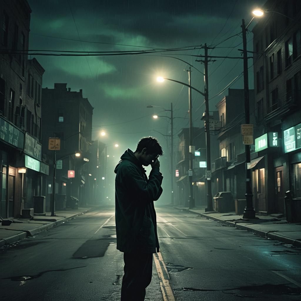 Distressed Person in Dark Street: Concept Art