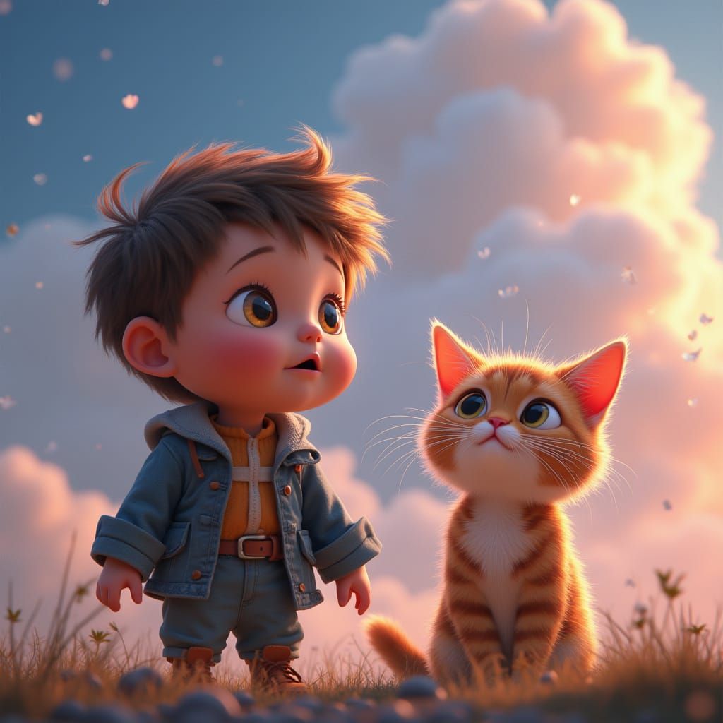 Child and Cat Gaze Up at Magical Clouds in 3D Animated Style