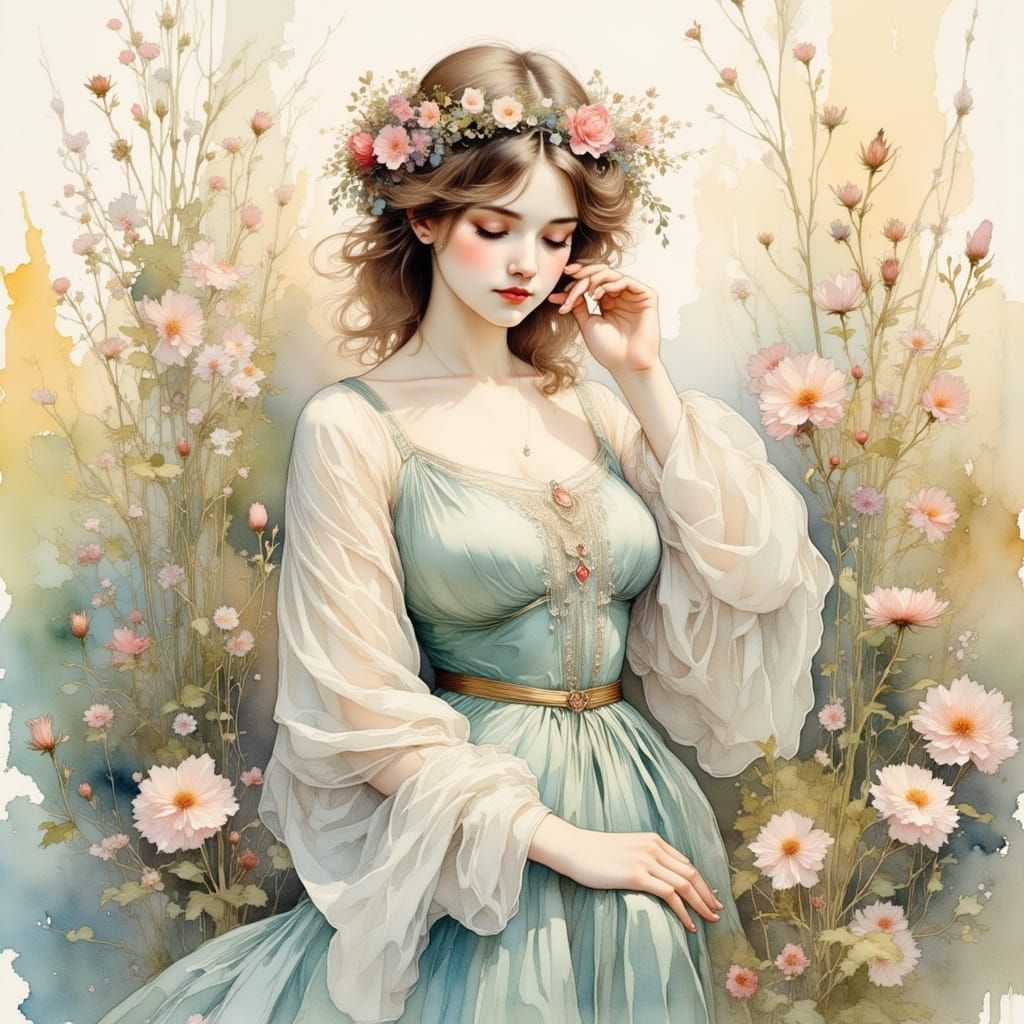 Floral Woman Portrait in Art Nouveau Style