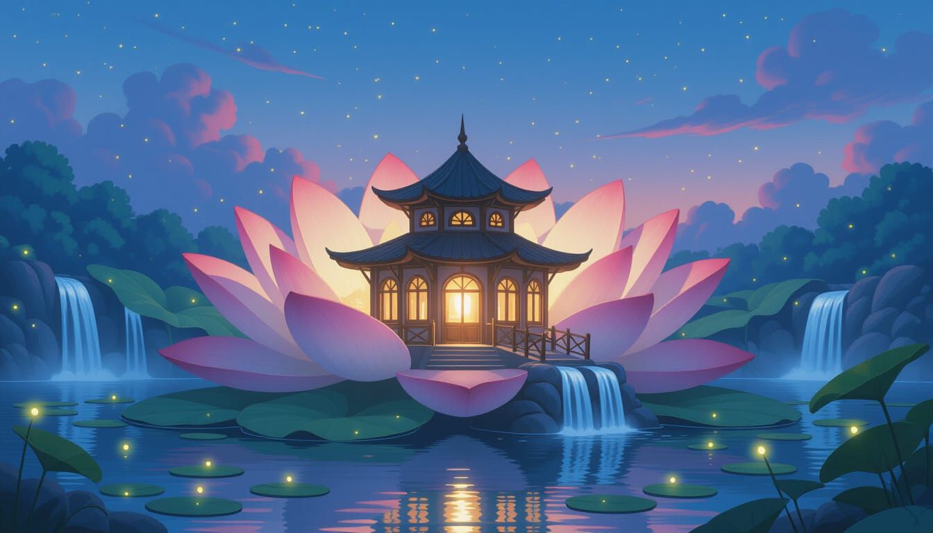 Magical Lotus Train Station with Waterfalls and Fireflies