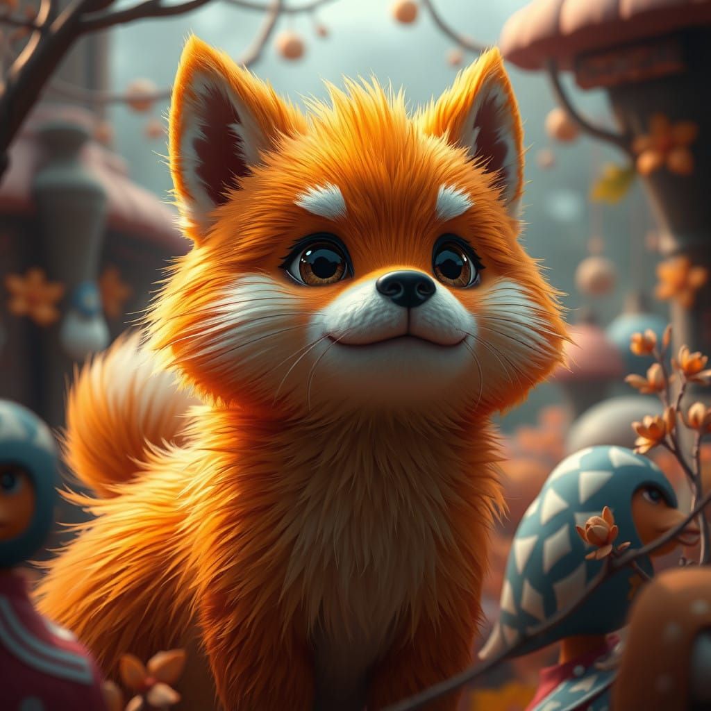 Whimsical Orange Canine Hybrid in Fantastical Landscape