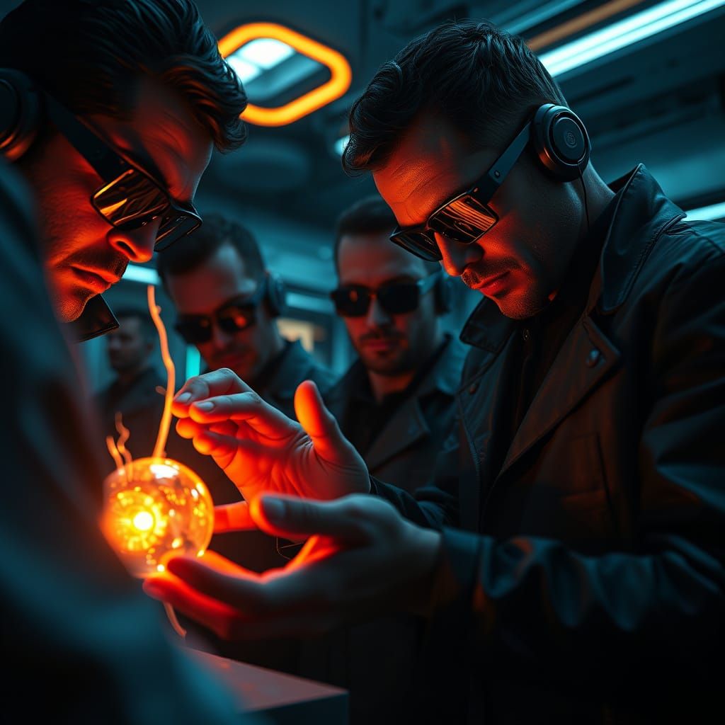 Men in Black Agents Examine a Glowing Artifact in a High-Tec...