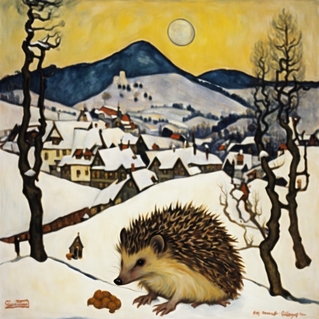 Surreal Winter Landscape with Giant Hedgehog in Impressionis...