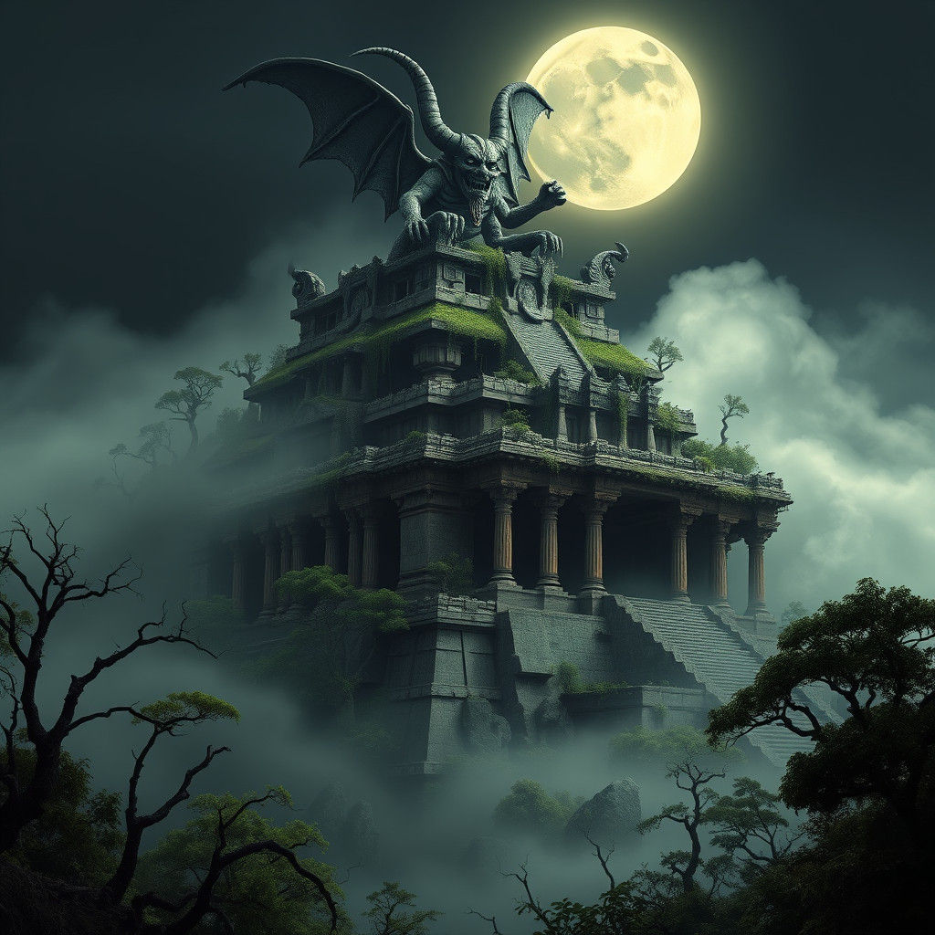 Dark Temple on Misty Mountain in Beksiński Style