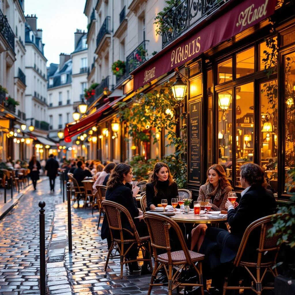 Parisian Cafe Scene at Twilight in Impressionistic Style