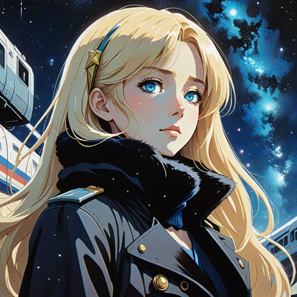 Anime Woman Beside Space Train Under Starry Sky