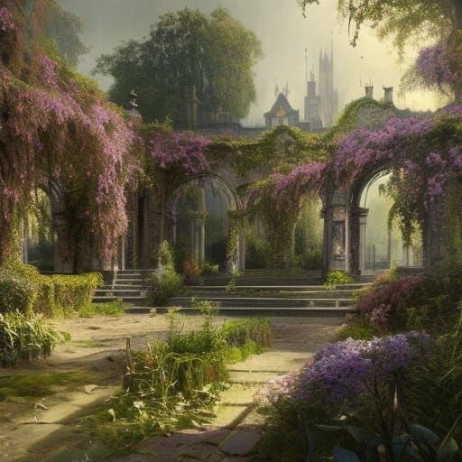 Lush Gothic Victorian Garden in Bright Sunlight