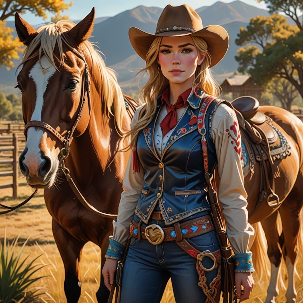 Anime Cowgirl on Ranch with Lasso in Vibrant Colors
