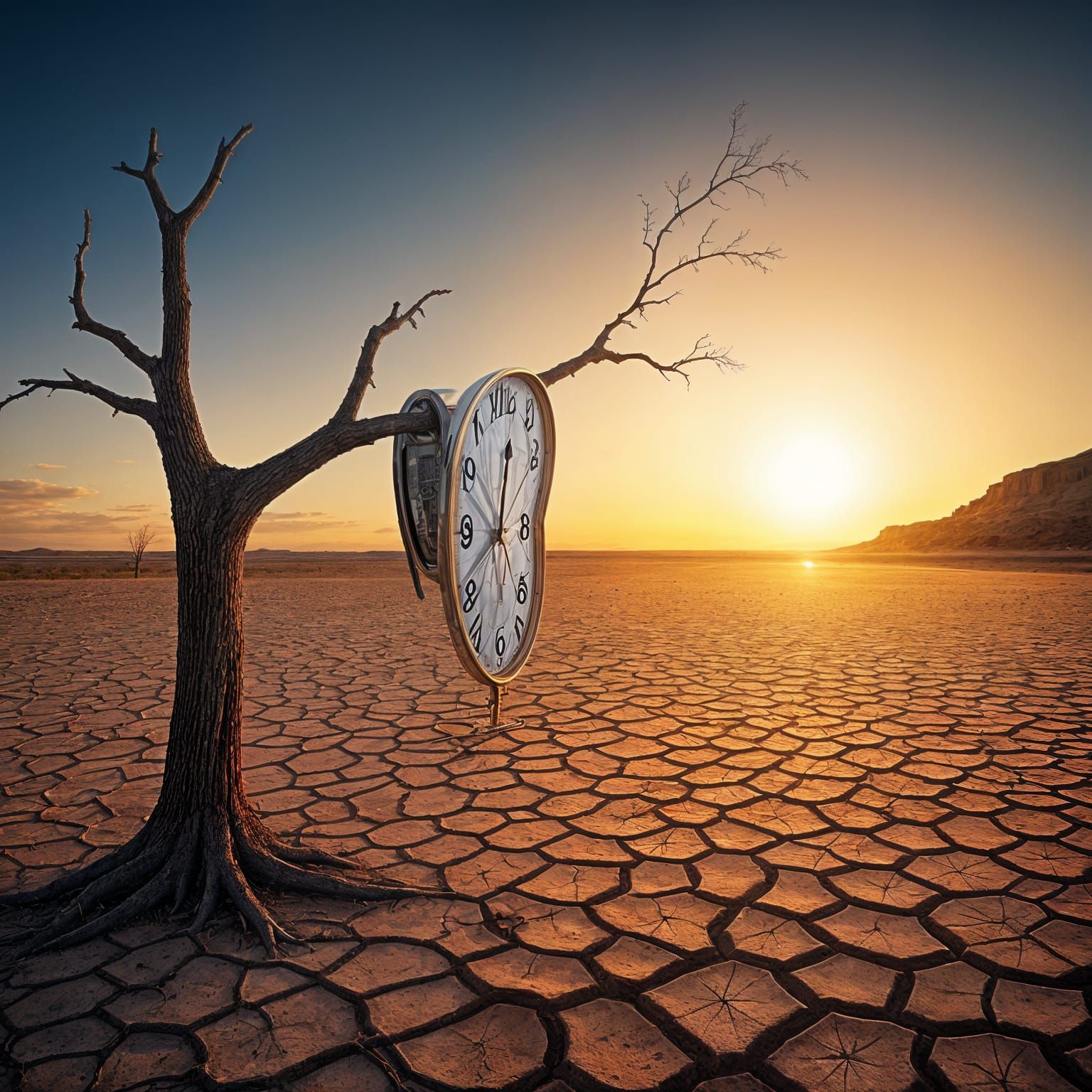 Surreal Desert Tree with Melting Clock