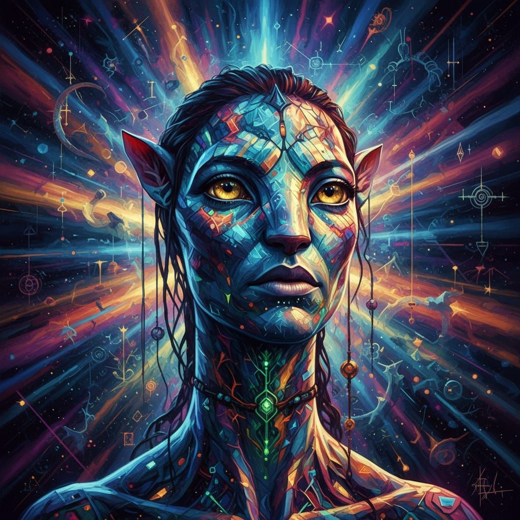 Surreal Na'vi Portrait with Cosmic Nebula Background