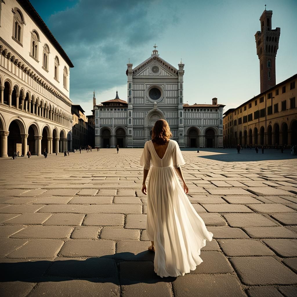 Dreamlike Woman in Metaphysical Piazza, Cinematic Film Still