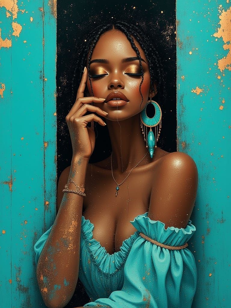 Glamorous Woman in Teal: Photorealistic Digital Art