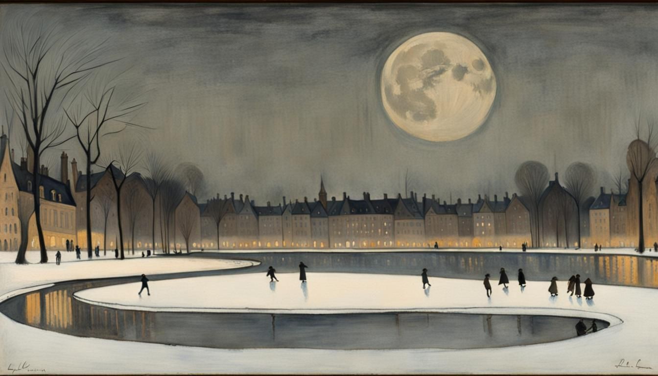 Winter Skaters on Frozen Pond in Spilliaert Style
