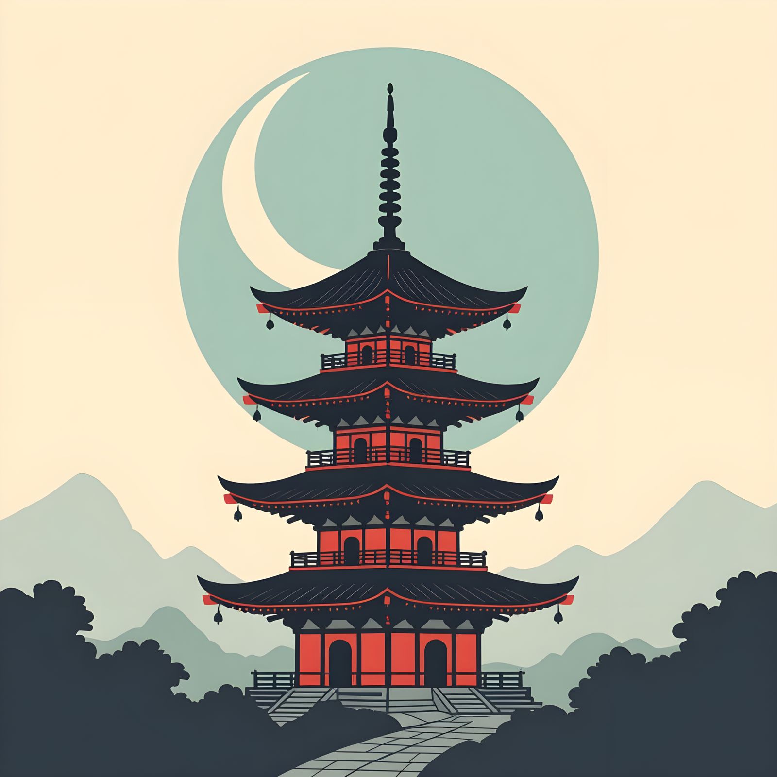 Pagoda Silhouette Art with Crescent Moon