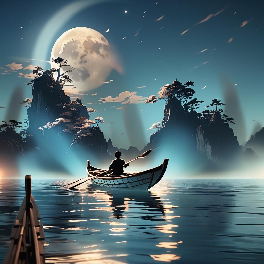 Man Rowing Boat on Calm Sea in Anime Style