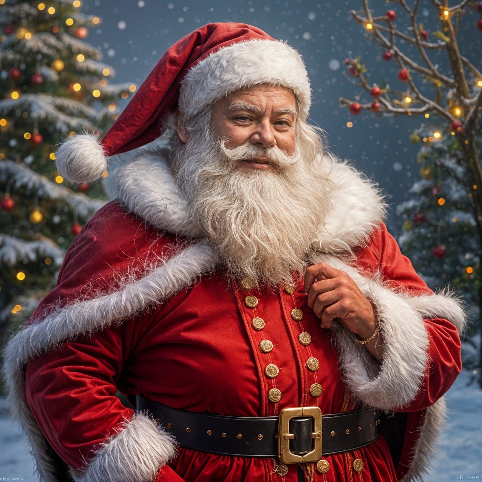 Cozy Santa Claus in Richly Embroidered Suit with Festive Bac...