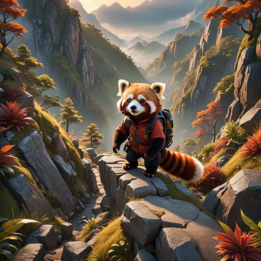 Red Panda Hiker in Pixar-Inspired 3D Landscape