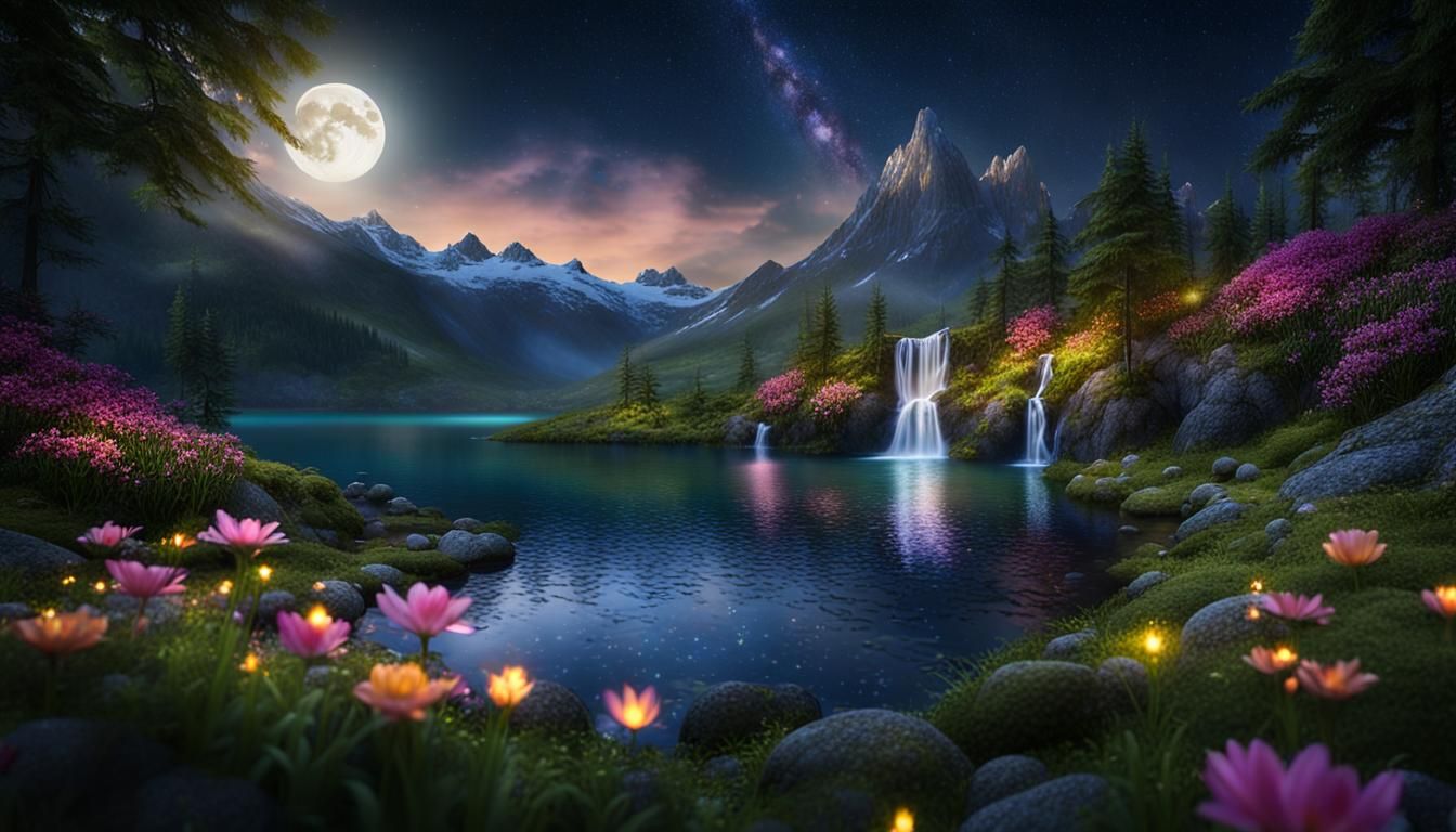 Lakeside Waterfall Scene with Fireflies and Mountains