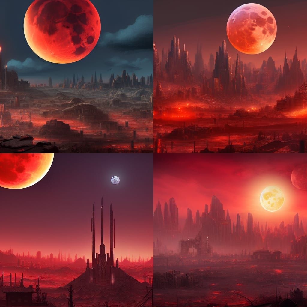 Blood Moon Rises Over Wasteland Cityscape