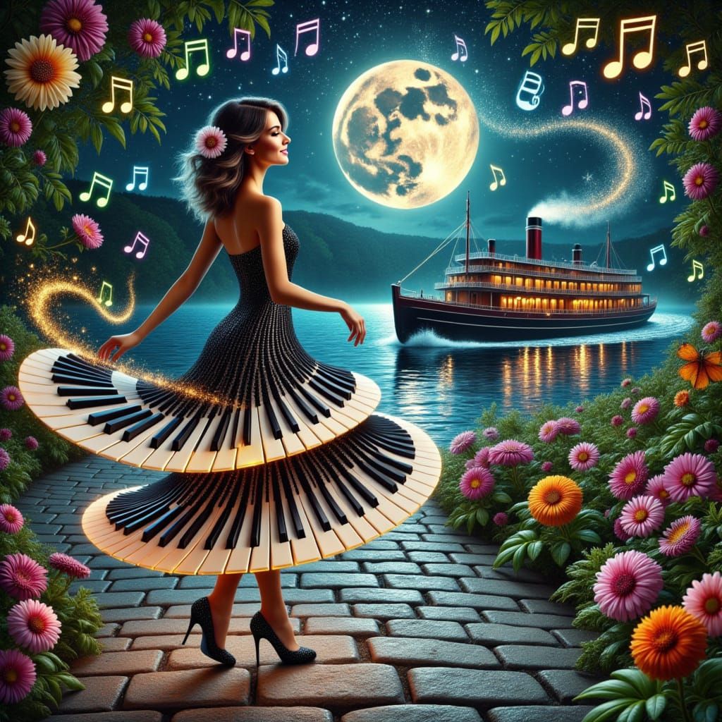 Ethereal Woman Dances Under Full Moonlit Sky