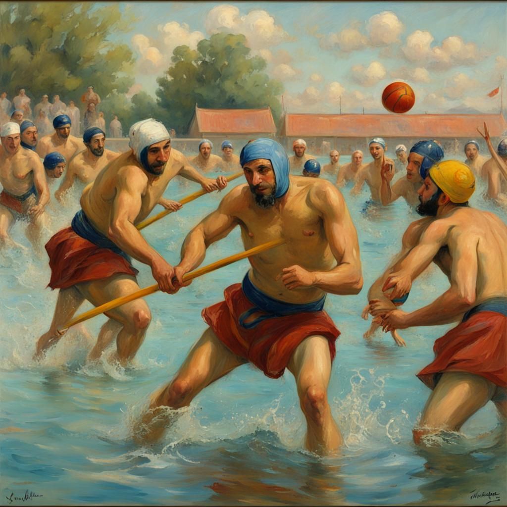 Ninja Cossacks Water Polo in Post-Impressionist Style