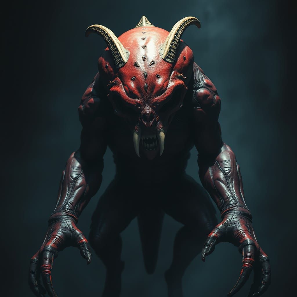 Gothic Horror Creature with Crimson Leather Skin and Sharp T...