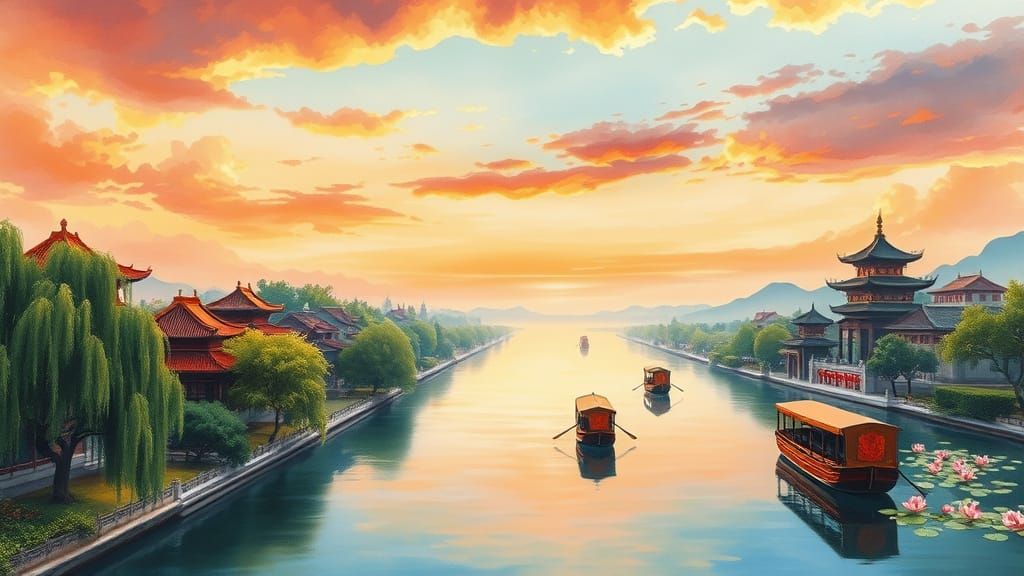 Create a detailed visual representation of the theme 'Embracing Science, Safe Grand Canal, Guardian of Hangzhou'. The ar...