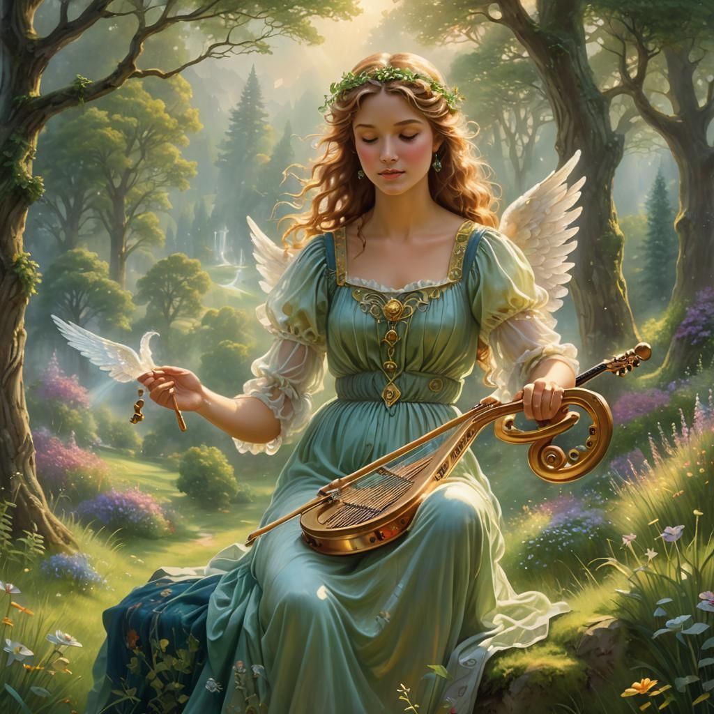 Regal Angel Playing Lyre in Ethereal Meadow
