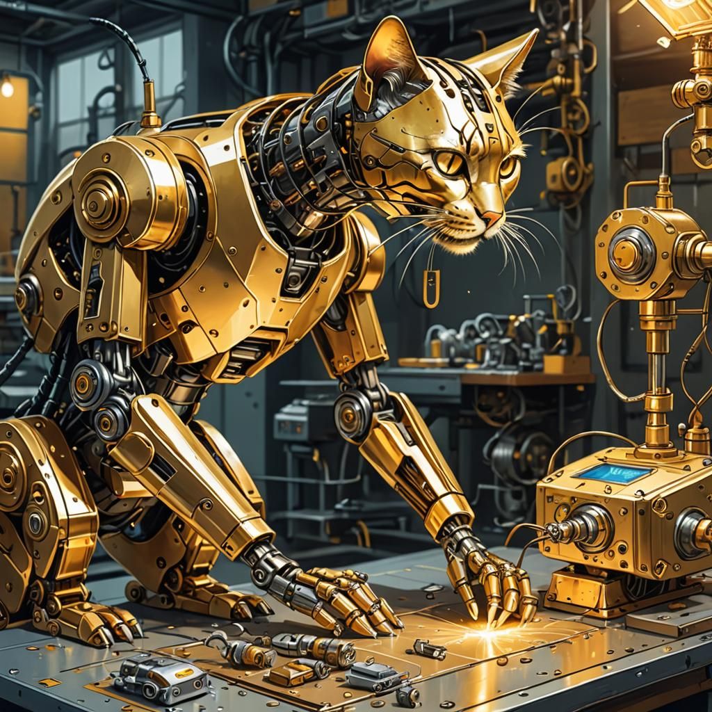 Robot Cat and Mouse Technical Blueprint Illustration