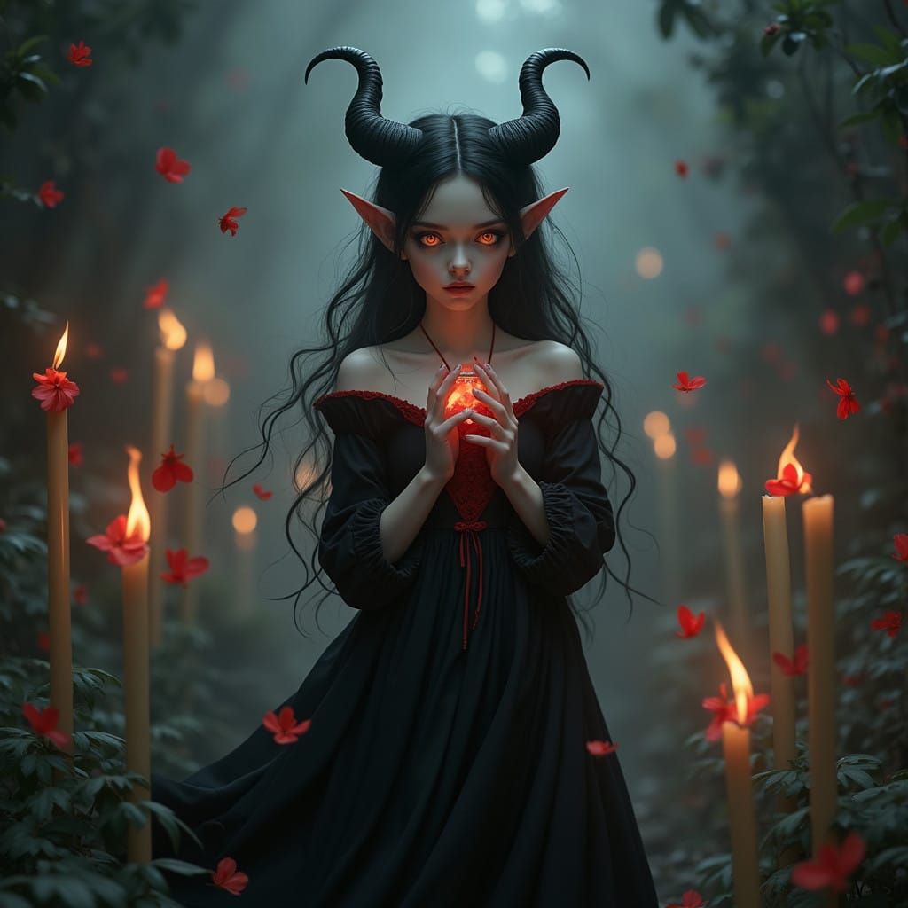 Surreal Tiefling Goddess Unfurls Crimson Petals in a Halo of...