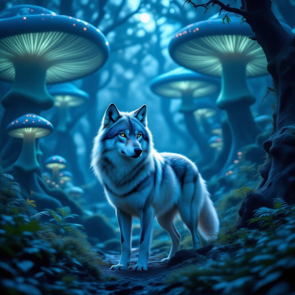 Majestic Moonlight Wolf in Ethereal Bioluminescent Forest
