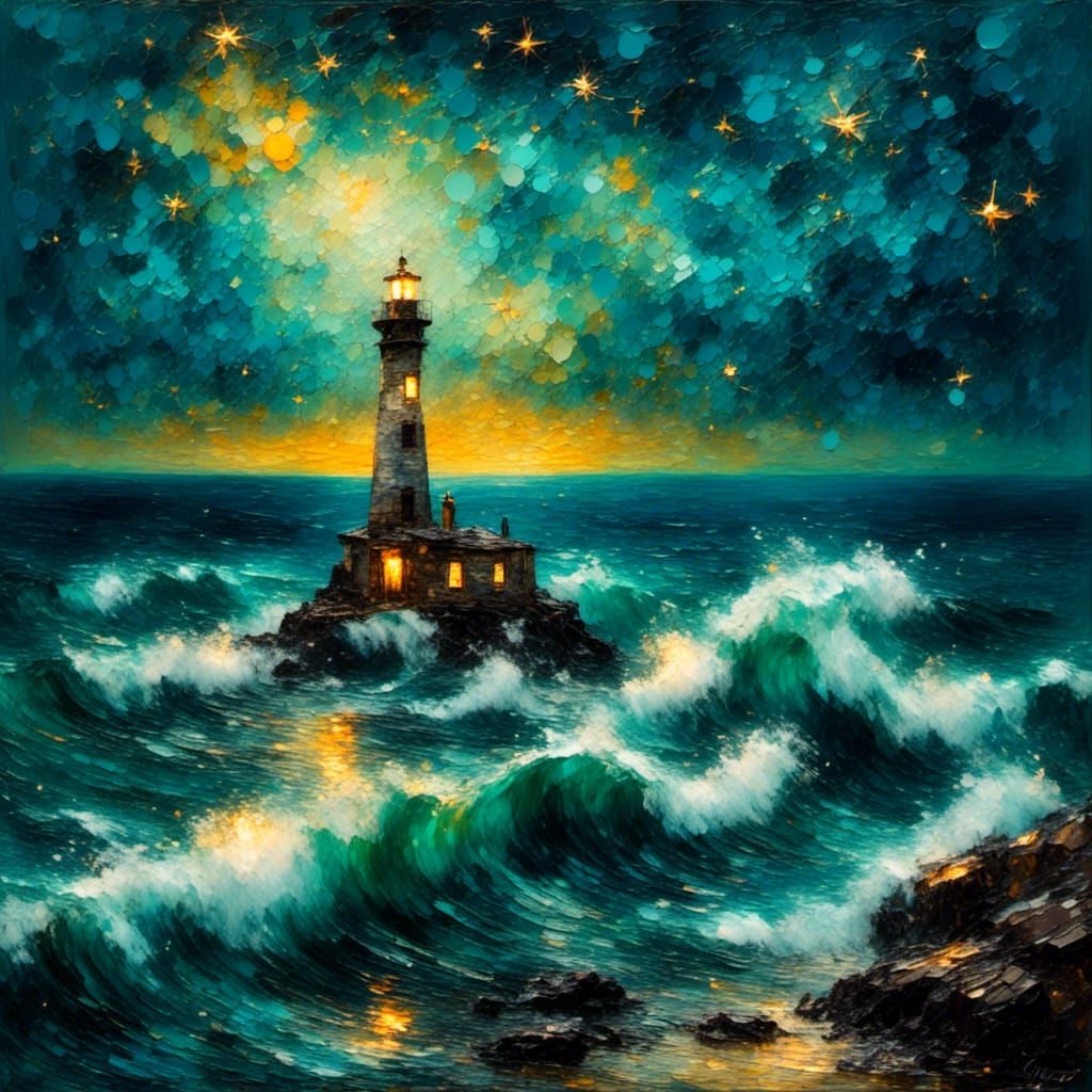Picturesque Lighthouse at Night in Expressive Oil Painting