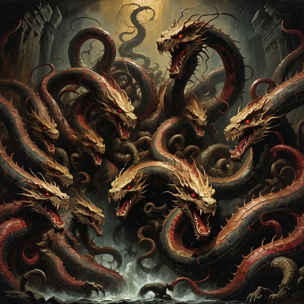 Hydra in Gothic Action Painting Style