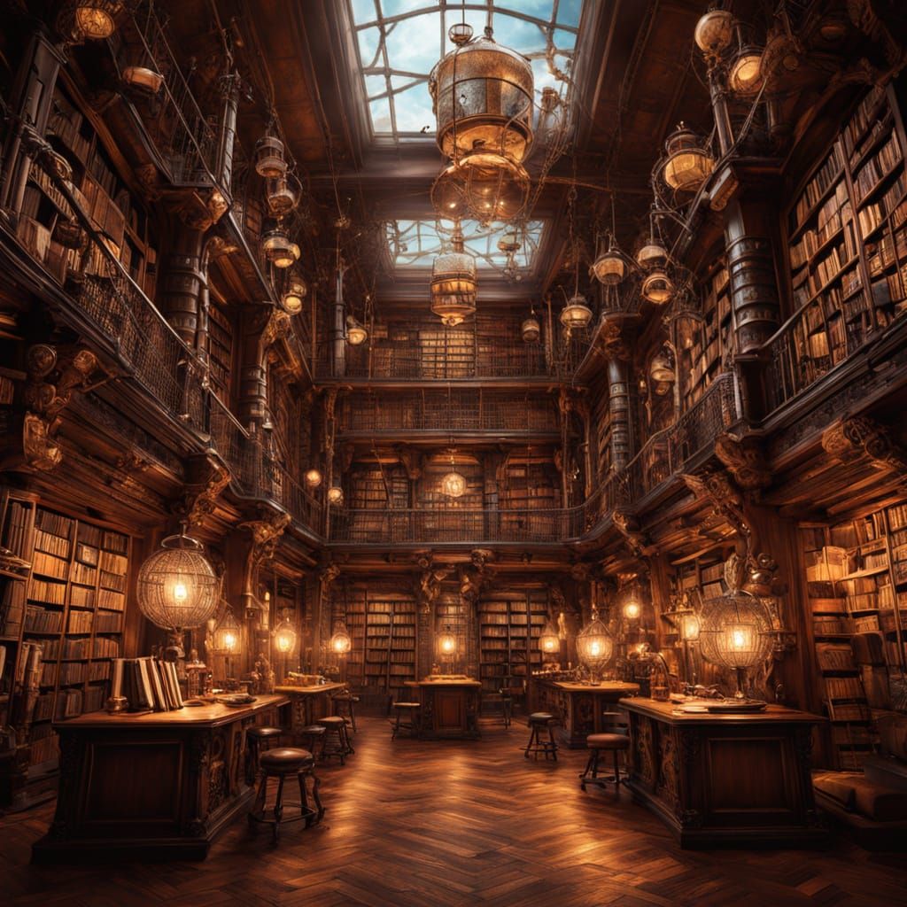 Steampunk Library in the Clouds with Automatons