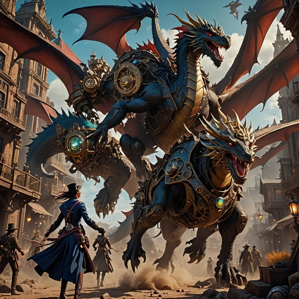Clockwork Dragon Soaring Over Sorcerer in Fantasy Art