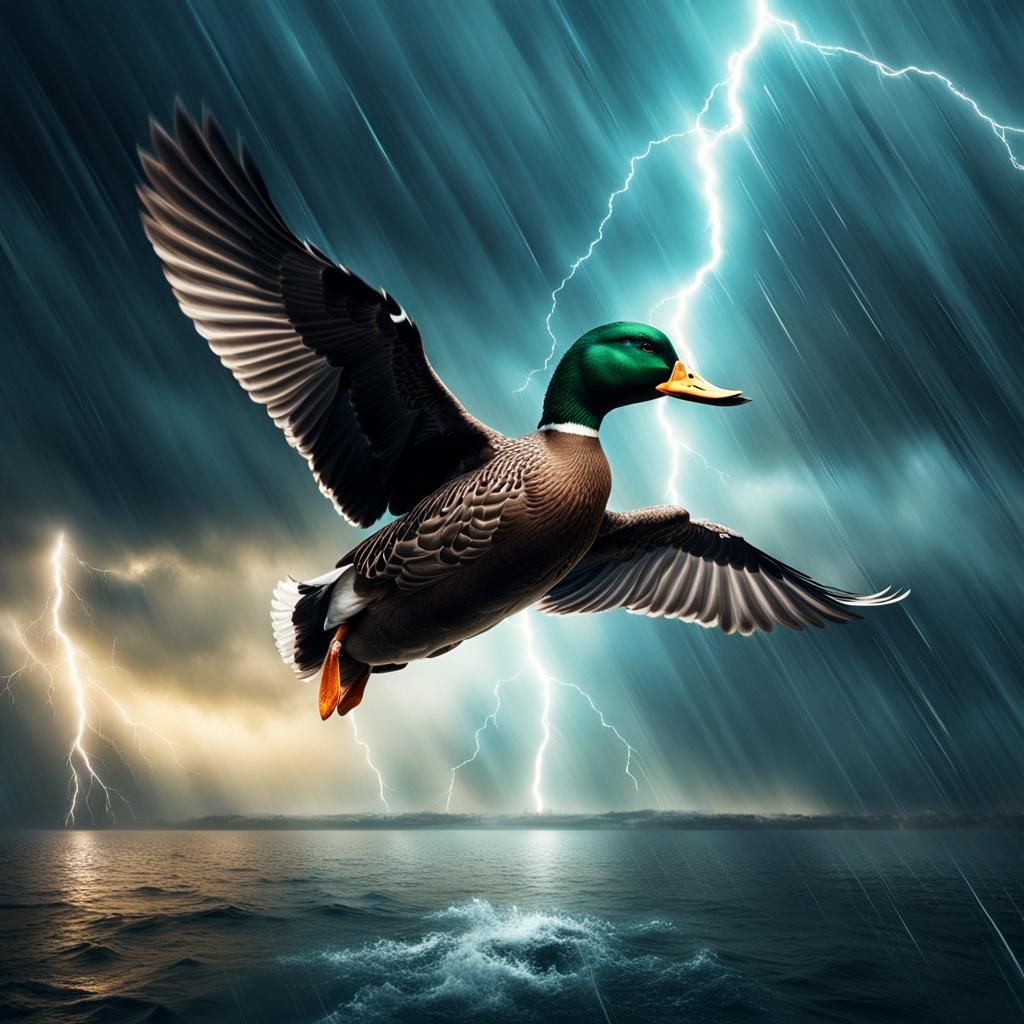 Duck Soaring Through Electric Storm: Digital Matte Painting