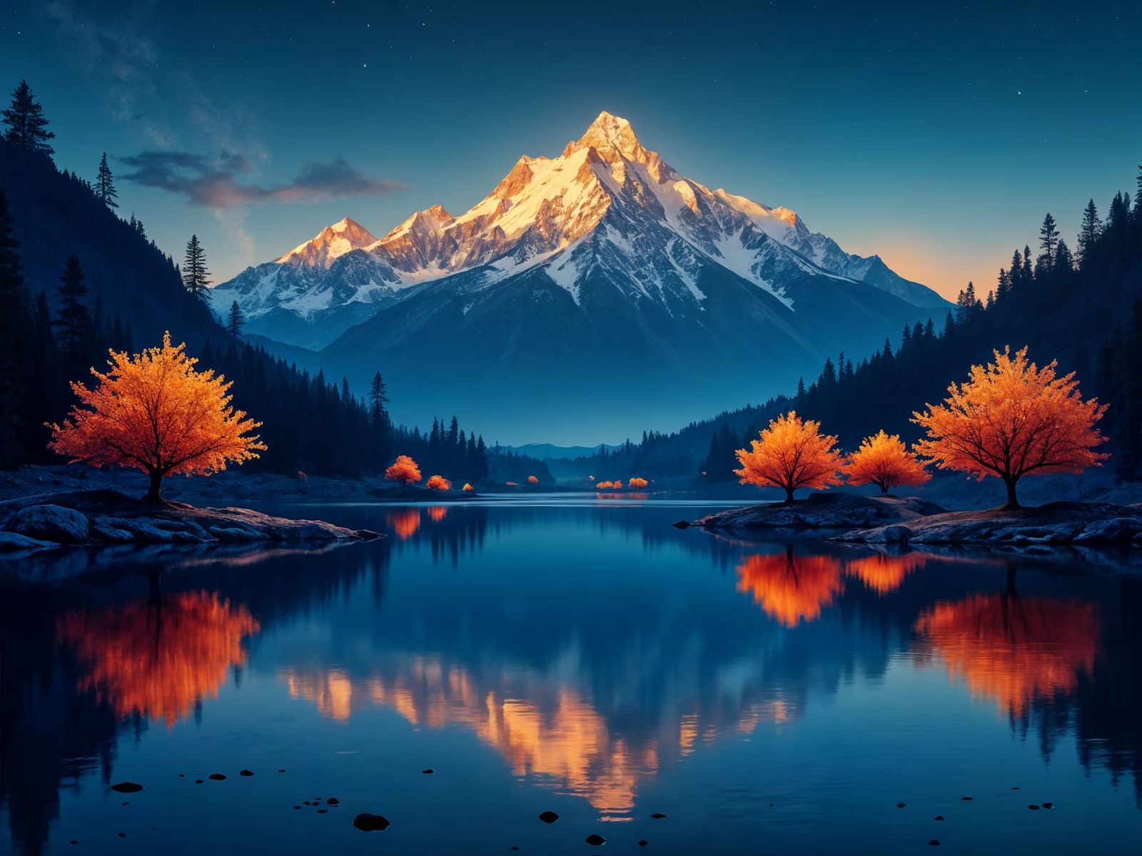 Night Mountainscape Reflected in Lake with Gold Accents