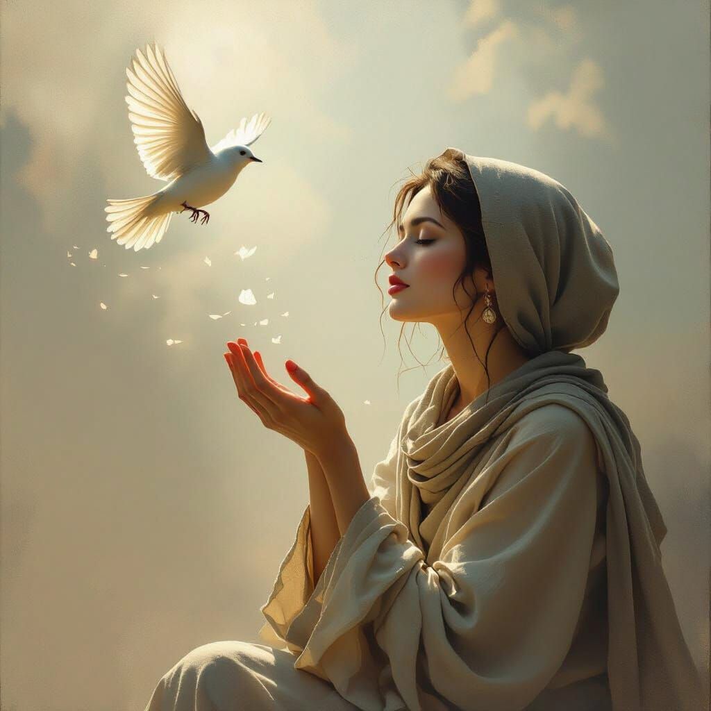 Woman Releases Bird in Serene Melancholy