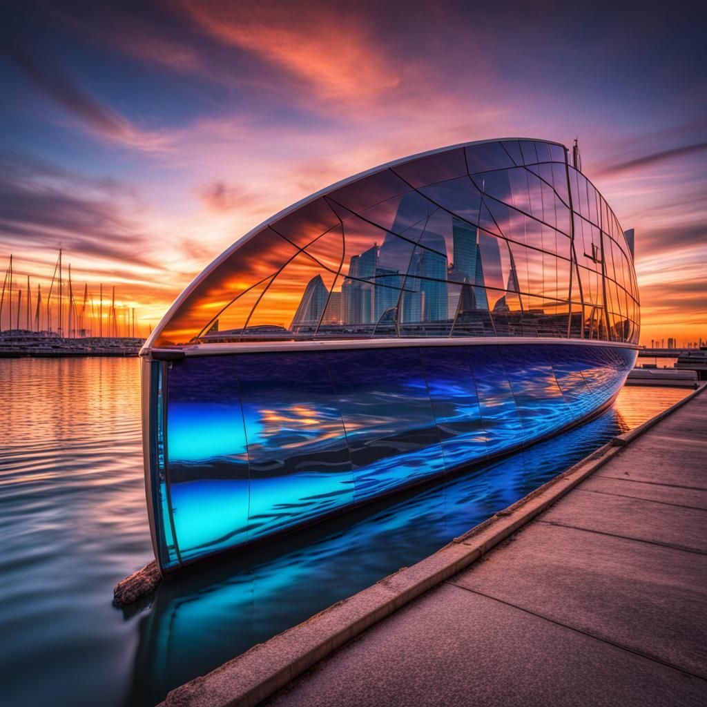 Futuristic Blue Glass Boat at Sunset