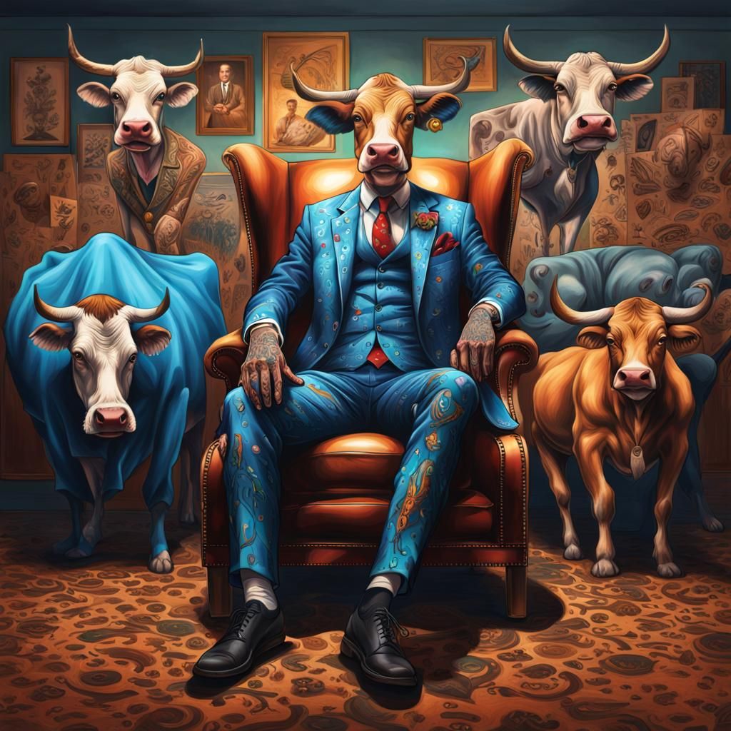 Cow in Suit on Human Skin Rug